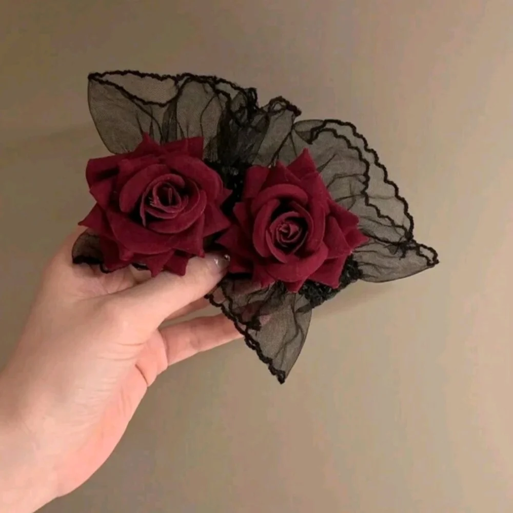 Black Skull Black Lace Wrist Corsage with Deep Red Rose